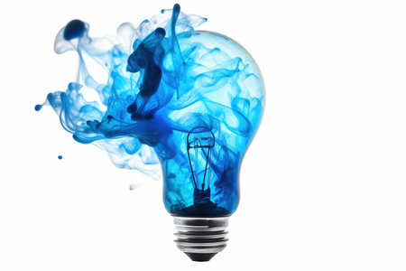 blew up light bulb with a dark blue Smoke inside isolated on a white background, generative AIの素材