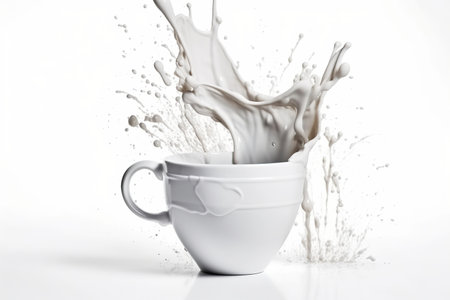 drops and splashes of milk in a white cup on a white background, generative AIの素材