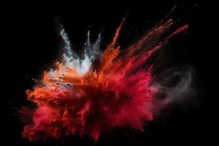 blew up of colorful holi powder paints in Vivid red colors on a black background, generative AIの素材