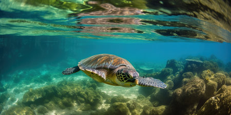 big water turtle swimming in the ocean near the bottom, underwater life, generative AIの素材