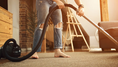Girl cleaning carpet with vacuum cleaner from dust at home. Woman housekeeper with  making order in apartmentの写真素材