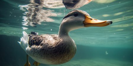 duck snorkeling and swimming underwater in the river, generative AIの素材