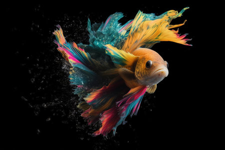 close up gold fish with lush colorful vivid tail and water drops on a black background, generative AIの素材