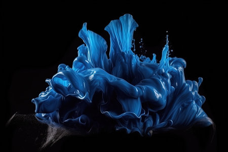 splashes of paint in dark blue color isolated on a black background, generative AIの素材