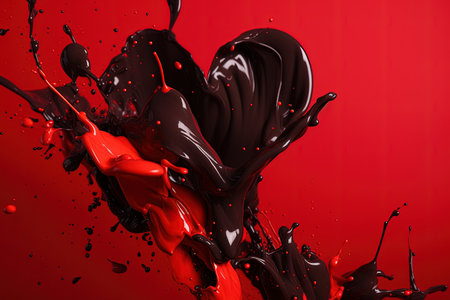 drops and splashes of black cherry red color paint on a red background, generative AIの素材