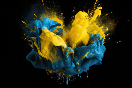 bursted yellow and blue color paints on a black background Ukrainian national flag colors in heart shape, generative AIの素材