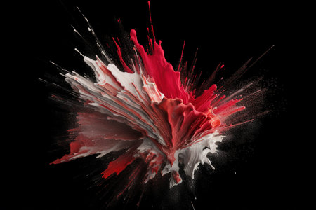 drops and splashes of blew up a red and white paint on a black backgroundの素材