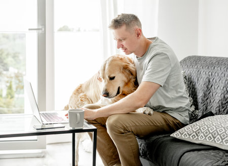 A young man works at a computer with his dog in a bright living room.の写真素材