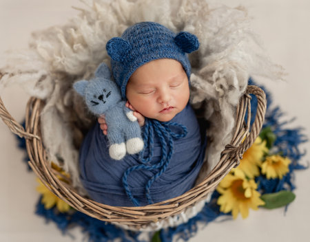 Newborn sleeping in basket with toy in tiny handsの写真素材