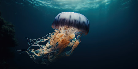 beautiful big jellyfish underwater close to the surface of water, generative AIの素材