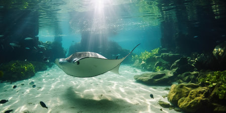 Stingray fish swims underwater in the sea, shoot of rich underwater life, generative AIの素材