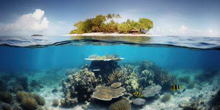 small green tropical island underwater View from the tropical sea with coral reefs and fishes, generative AI