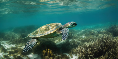 big water turtle swimming in the ocean near the bottom, underwater life, generative AIの素材
