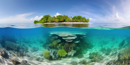 small green tropical island underwater View from the tropical sea with coral reefs and fishes, generative AIの素材
