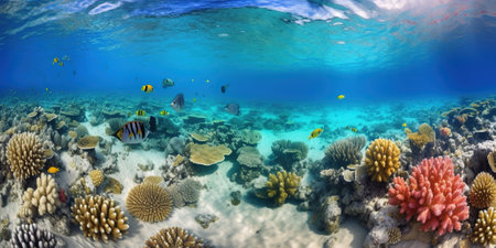 colorful coral reefs and flock of tropical Vivid vicious in the Sea, underwater View, generative AIの素材