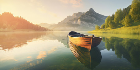 lonely empty fisher boat floating on a calm surface of Lake with a amazing mountains landscape far, generative AIの素材