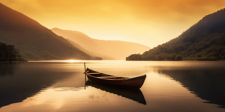 Sunset amazing view on a mountain lake with a lonely fisher boat, generative AIの素材