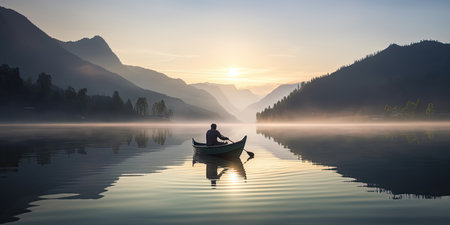 silhouette of Fisher in a boat floating on a calm surface of Mountain Lake, amazing panoramic Morning View on it Misty Lake, generative AIの素材