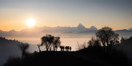 silhouette of traveling Friends on a hill of the mountain against high mountains as far as sunset, generative AIの素材