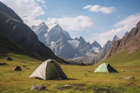 tourist camp in the valley in high mountains, hiking tourism at weekends, generative AIの素材