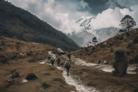 group of Backpackers traveling by mounting Valley with the view on a high snowy mountains at far, generative AIの素材