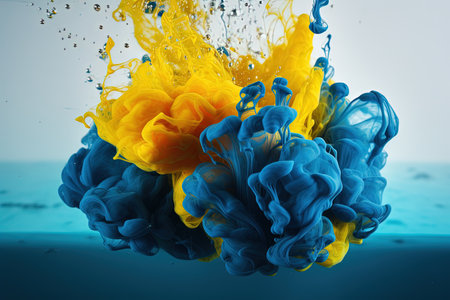 blow up splashes of paints in yellow and blue Ukrainian national flag colors, generative AIの素材