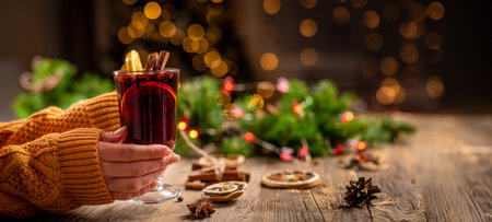 Woman in knitted sweater holding glass cup with mulled hot wine on christmas decoration backgroundの写真素材