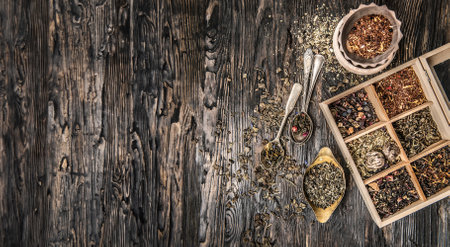 Set of variety of teas, different tastes and mixes in the rustic copper dish, topviewの写真素材