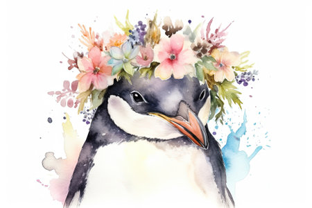 Watercolor paint illustration of penguin portrait in flowers on white background , generative AIの素材