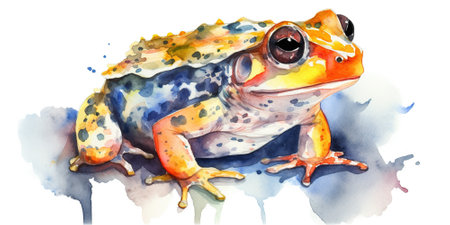 watercolor painting of colorful frog in pastel colors and watercolor paint splashes and drops , generative AIの素材