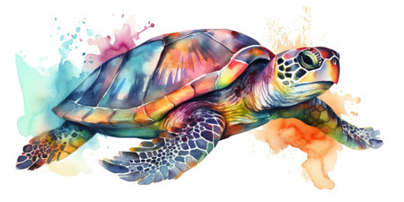 watercolor painting of colorful sea turtle in pastel colors and watercolor paint splashes and drops , generative AIの素材