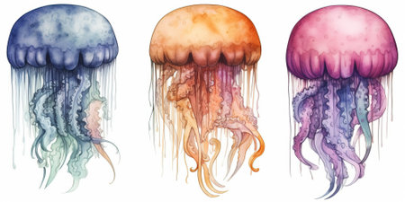 watercolor painting illustration of jellyfish set in different colors on white background , generative AIの素材