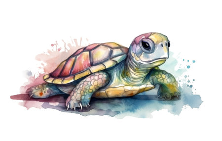 watercolor painting illustration of cute baby tutrle in pastel colors and watercolor paint splashes and drops on white background , generative AIの素材
