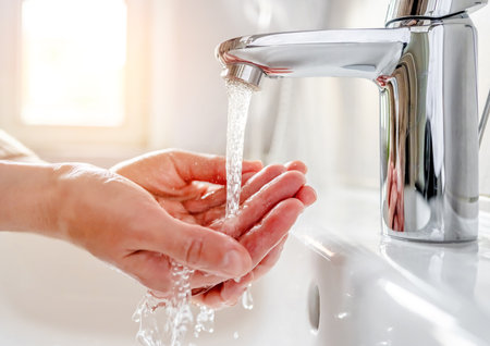 Young woman washes her hands with soap over the sink in the bathroom, close-up.の写真素材