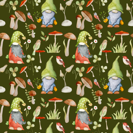 Forest dwarf with mushrooms and bird watercolor painting seamless pattern. Fairytale character gnome with chanterelle aquarelle drawing for postcard decorationの写真素材