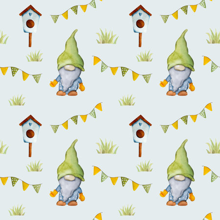 Garden dwarf with bird house in green grass watercolor cartoon painting seamless pattern. Cute gnome aquarelle drawingの写真素材