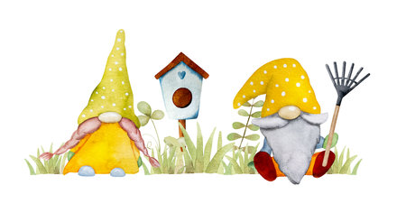 Garden dwarfs with tool and bird house watercolor cartoon painting for postcards. Cute gnomes aquarelle drawingの写真素材