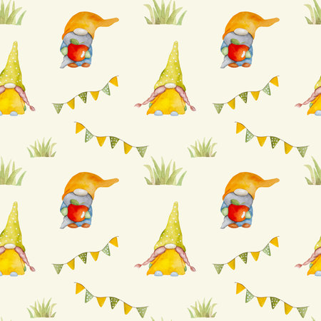 Garden dwarf with bird house in green grass watercolor cartoon painting seamless pattern. Cute gnome aquarelle drawingの写真素材