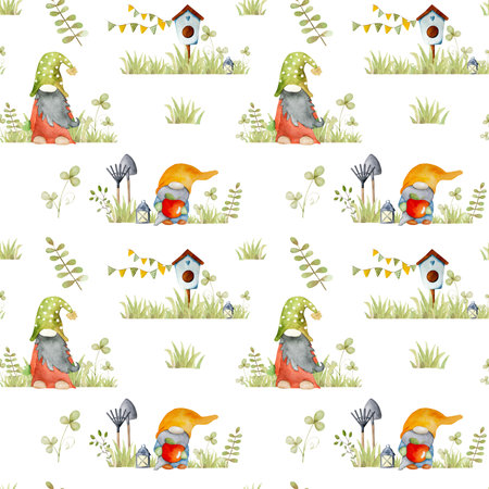 Garden dwarf with bird house in green grass watercolor cartoon painting seamless pattern. Cute gnome aquarelle drawingの写真素材