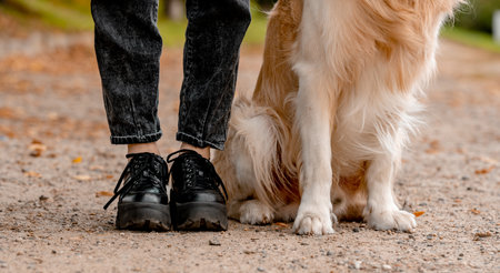 Legs of a woman and paws of a dog on the alley in the autumn park