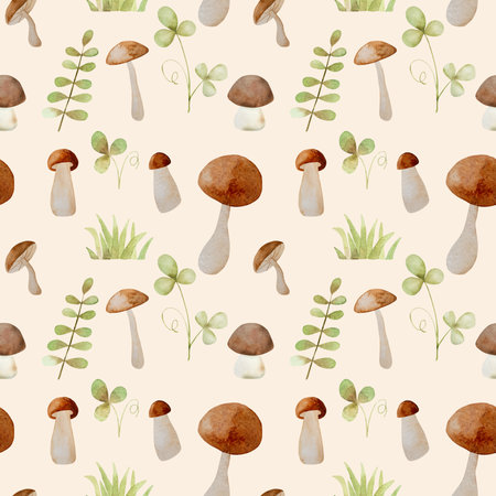 Forest mushrooms watercolor painting seamless pattern. Wood fungal vegetables and leaves aquarelle drawingの写真素材