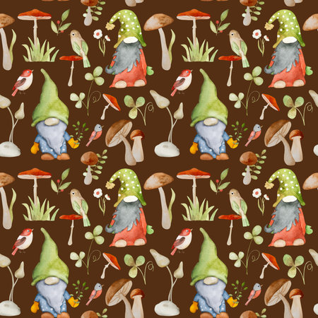 Forest dwarf with mushrooms and bird watercolor painting seamless pattern. Fairytale character gnome with chanterelle aquarelle drawing for postcard decorationの写真素材