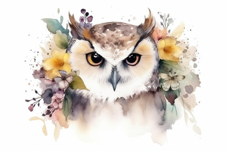 Watercolor illustration of cute owl surrounded by flowers and splashes of watercolor paint on white background , generative AIの素材