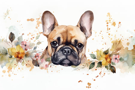 Watercolor illustration of french bulldog portrait surrounded by flowers and splashes of watercolor paint on white background , generative AIの素材