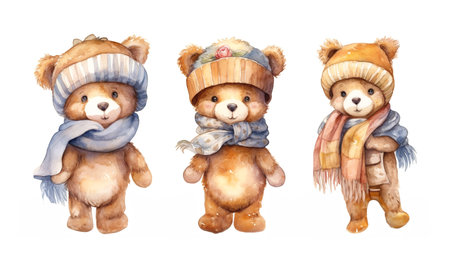 Watercolor illustration of three plush teddy bears in warm hats and scarfs on a white background , generative AIの素材