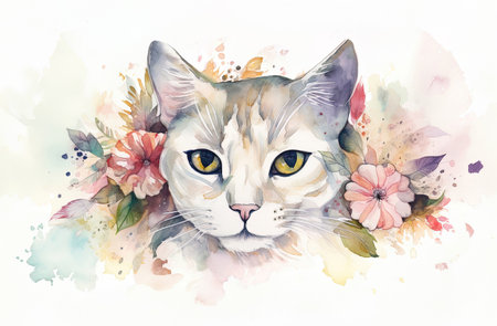 Watercolor illustration of a white cat surrounded by flowers and splashes of watercolor paint on a white background , generative AIの素材