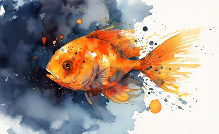 Watercolor illustration of a goldfish swimming into dark watercolor paint with splashes on a white background , generative AIの素材