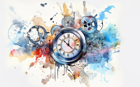 Watercolor illustration of a vintage clock face and gears with colorful splashes of watercolor paint on a white background , generative AIの素材