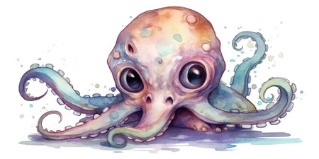 watercolor painting illustration of baby octopus with cute eyes in cartoon style on white background , generative AIの素材