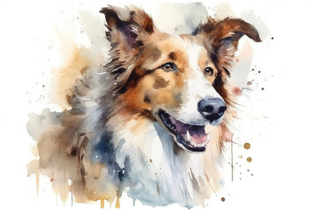 Watercolor illustration of shetland sheepdog portrait with drops and splashes of watercolor paint on white background , generative AIの素材